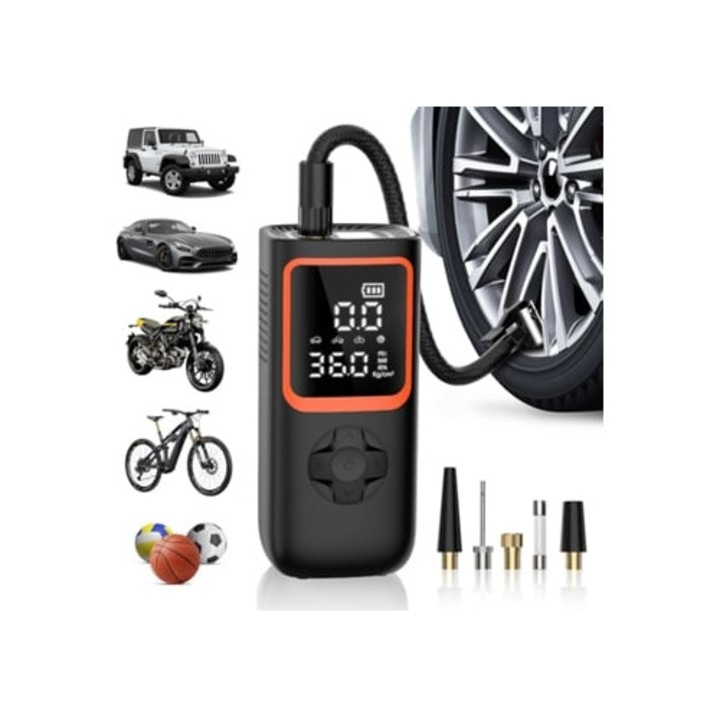 Compresor auto portabil, 6000mAh, fara fir, cu manometru si LED, pentru umflarea anvelopelor