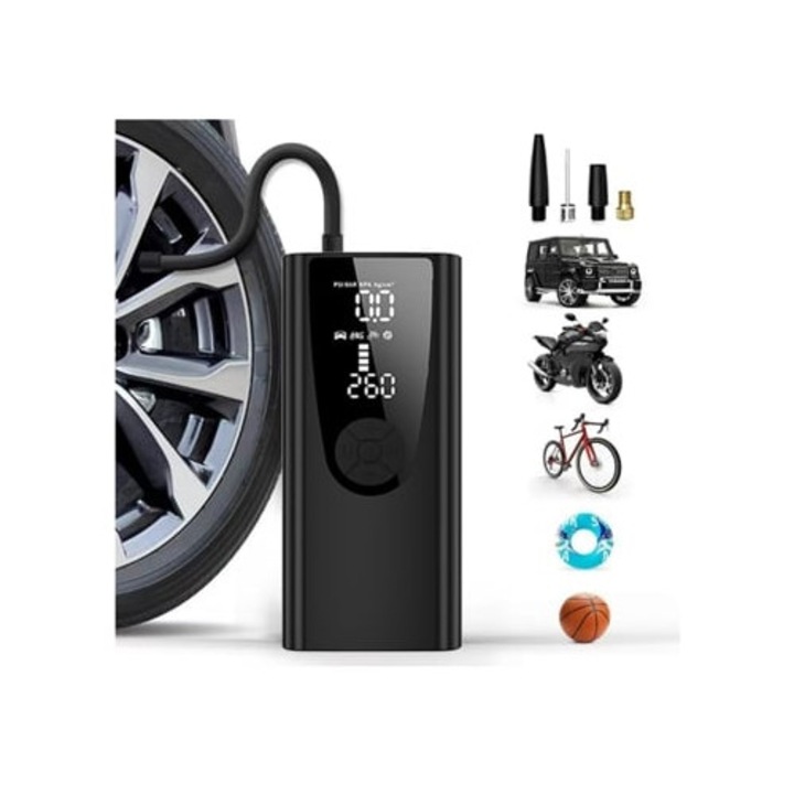 Compresor de aer portabil pentru anvelope auto cu manometru digital, 120 PSI
