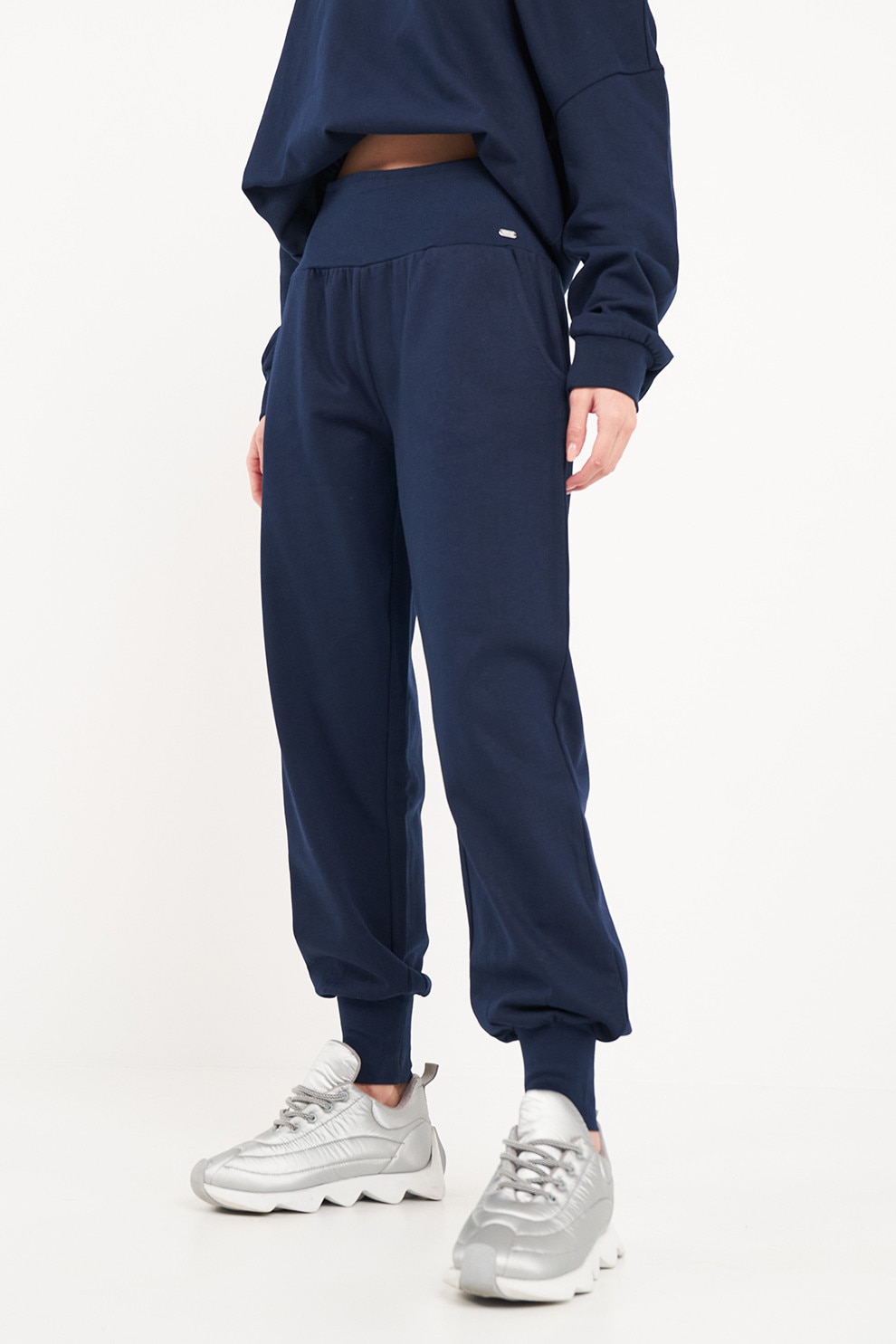 Lee Cooper, Pantaloni uni de trening cu talie inalta, Bleumarin, XS