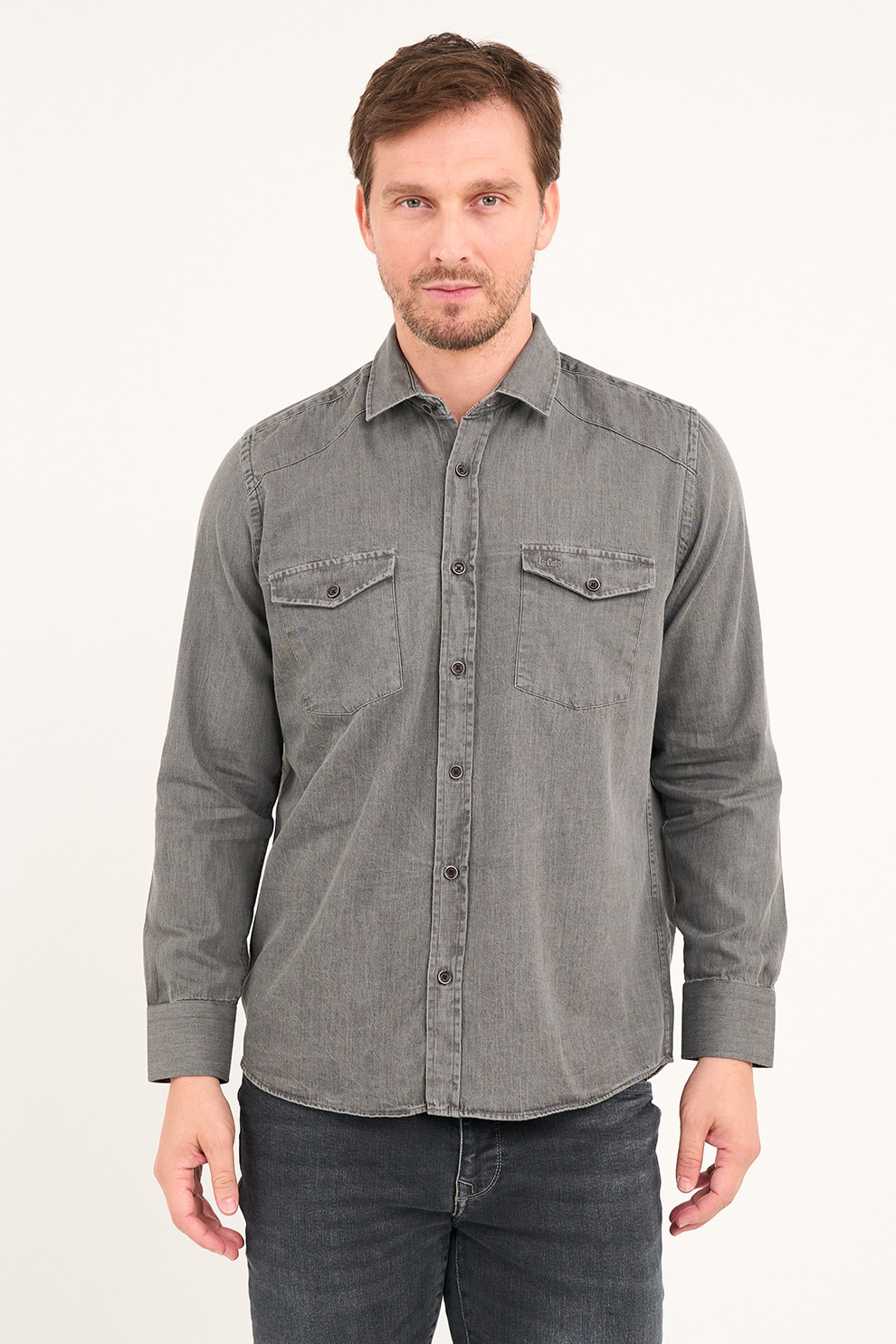 Lee Cooper, Camasa din denim cu buzunare pe piept, Gri inchis, 2XL