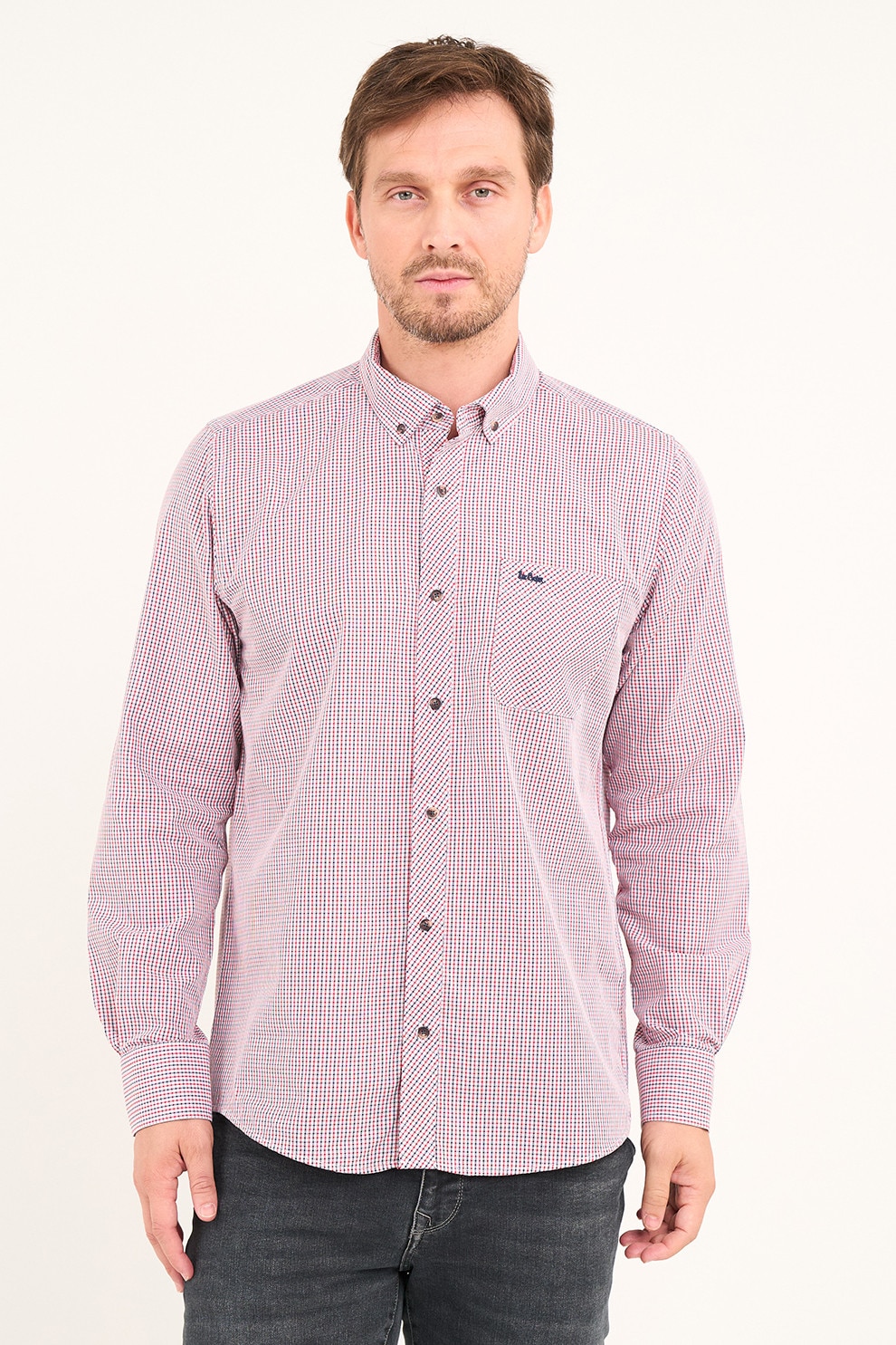 Lee Cooper, Camasa in carouri cu guler fixat cu nasturi, Rosu, Alb, Bleumarin, XL
