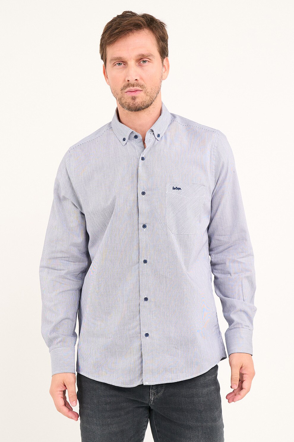 Lee Cooper, Camasa de bumbac cu buzunar pe piept, Alb, Bleumarin, L