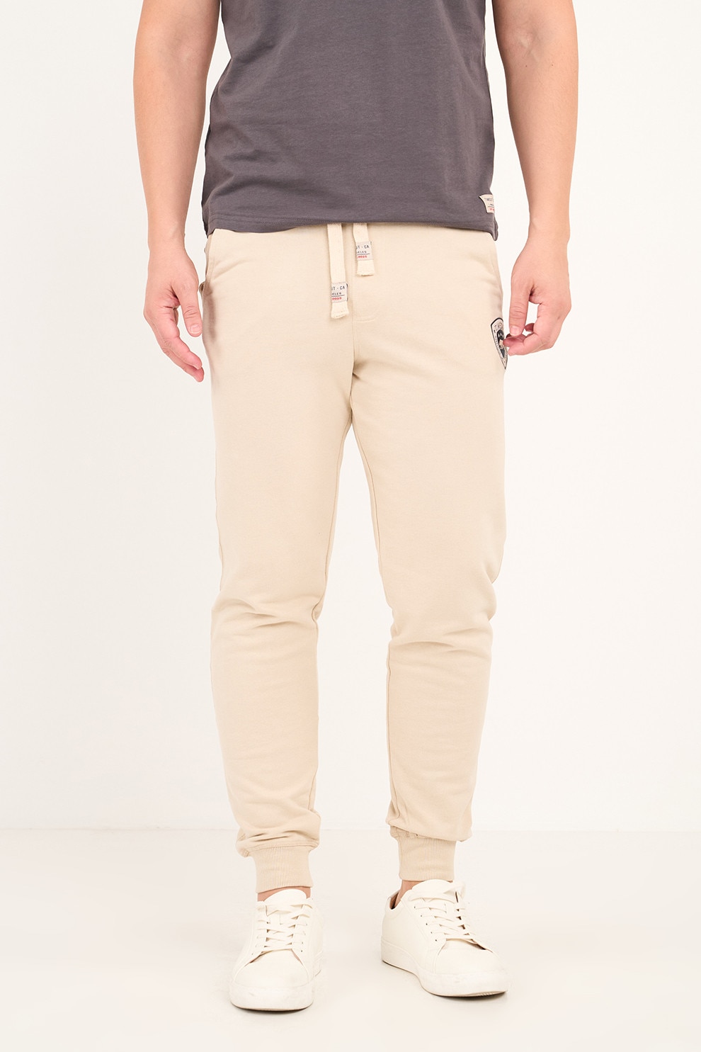 TIMEOUT, Pantaloni de trening cu snur si logo, Bej, L