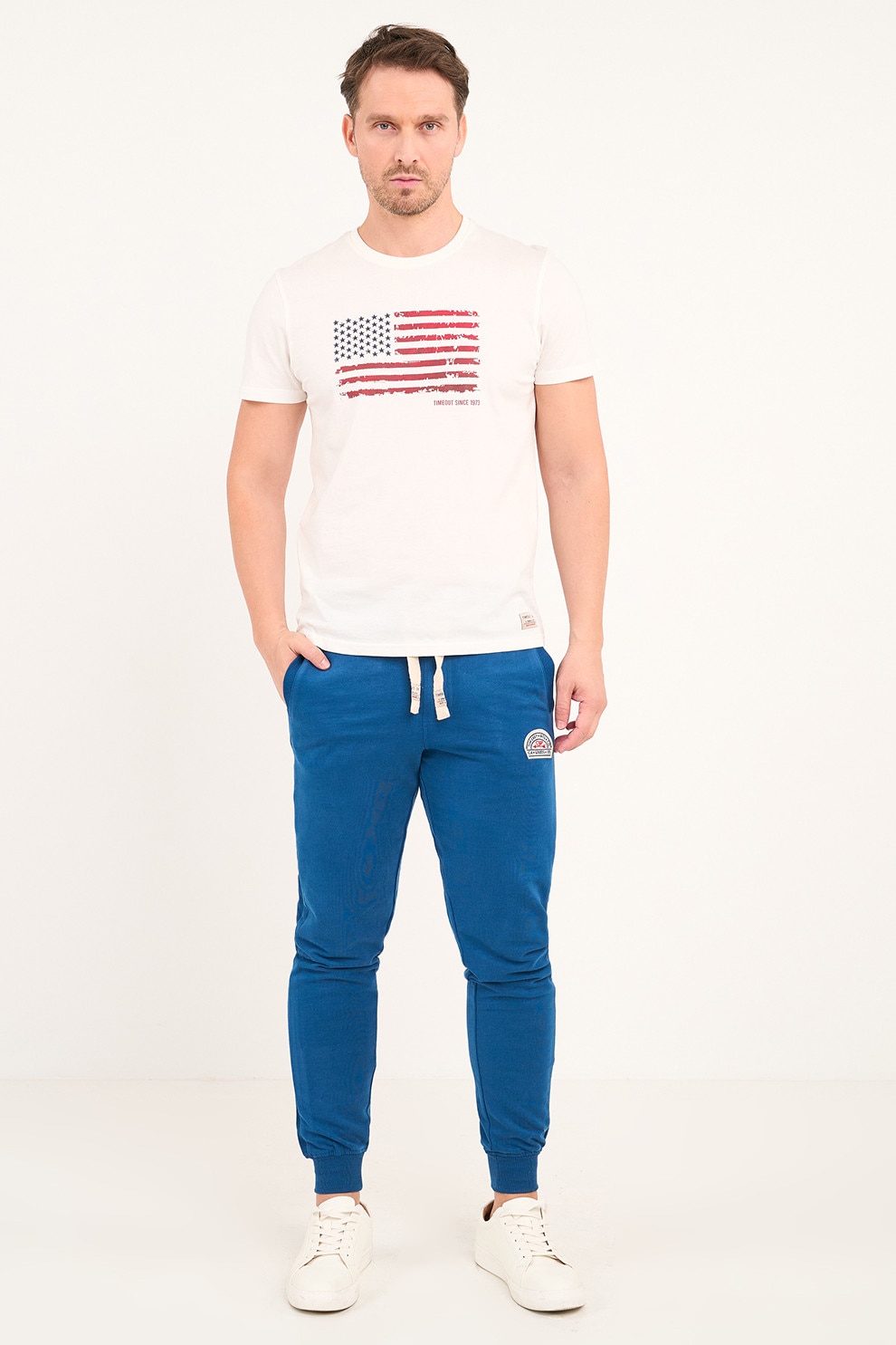 TIMEOUT, Pantaloni de trening cu snur si logo brodat, Albastru, XL