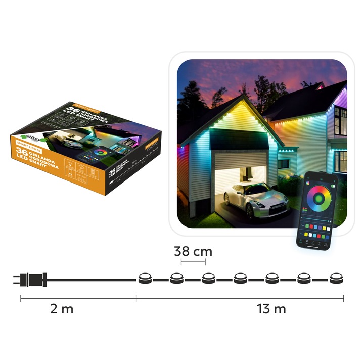 LED инсталация с 36 Smart LED диода, многоцветна, дължина 2+13 м