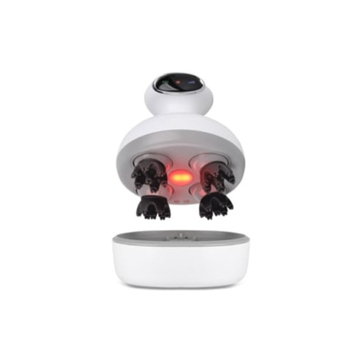 Електрически масажор за скалп, 4 почистващи глави, LCD дисплей, червена светлина, бял