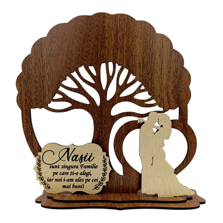 Copac cu siluete si mesaj pentru Nasi, cadou personalizat, lemn natural, 20 cm, nuc