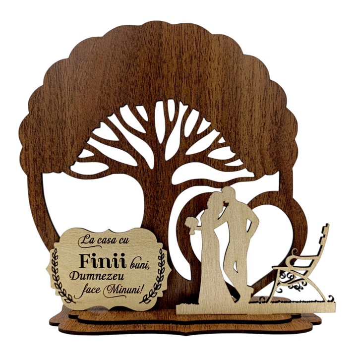 Copac cu siluete si mesaj pentru Fini "La casa cu Finii buni...", cadou personalizat, lemn natural, 20 cm, nuc