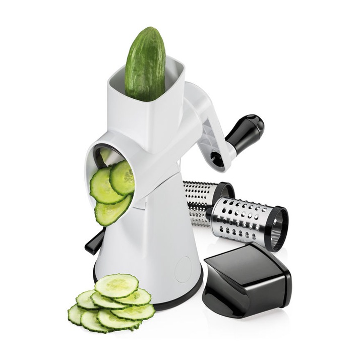 Razatoare rotativa Kuchenprofi cu manivela, 3 insertii, plastic, alb