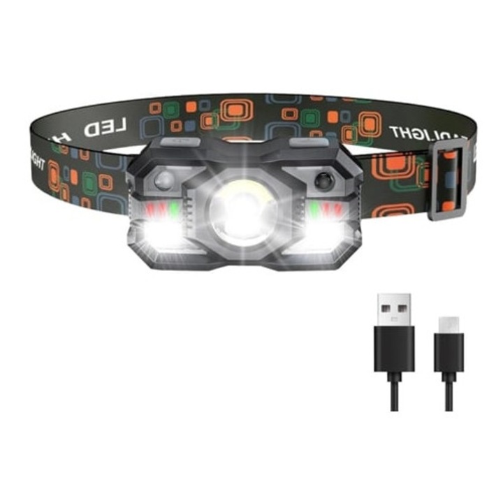 Lanterna frontala reincarcabila 1200 lumeni, LED, lumina rosie si alba, impermeabila