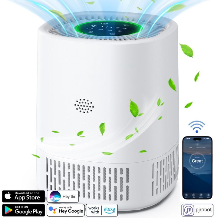 Inteligens kompakt Butoarka PJ07 légtisztító, 3 az 1-ben, True HEPA H13 szűrő aktív szénnel, PM2.5, 35 m² lefedettség, levegőminőség-jelző, 3 sebességfokozat, szuper csendes, Wi-Fi, APP vezérlés, hangasszisztens/érintés, Alexa, Google Home, Siri, fehér