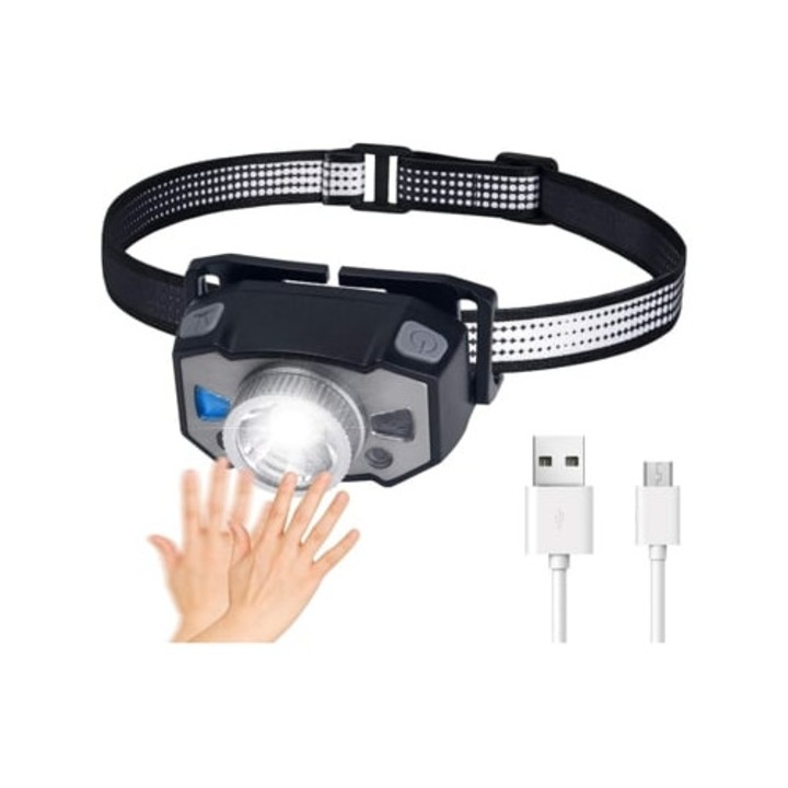 Lanterna LED ultralight cu 8 moduri, senzor de miscare, impermeabil IPX5, neagra