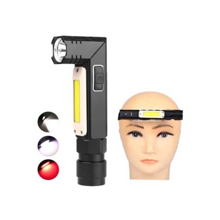 Lanterna LED reincarcabila, 5 moduri, 90° pliabila, magnetica, neagra