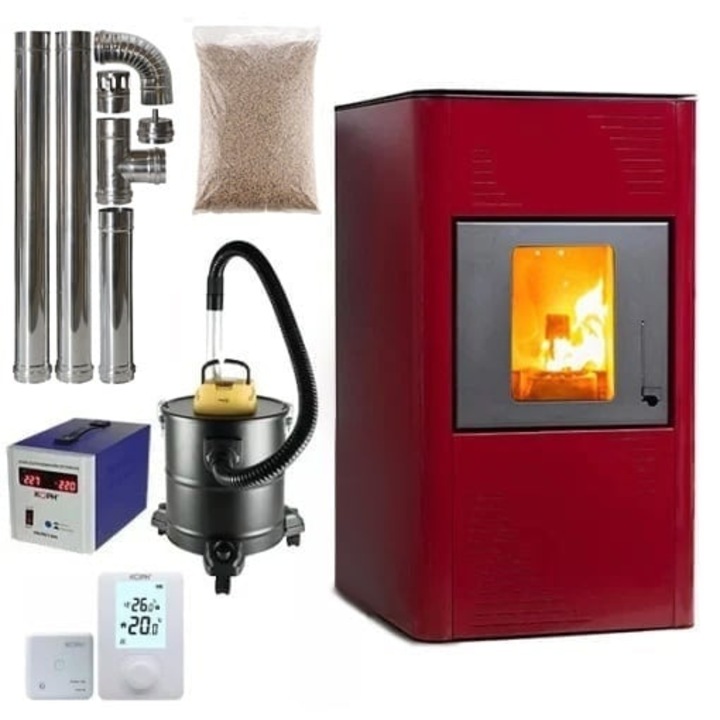 Pachet termosemineu cu peleti Termax Kamin PM 15 kW, 120 mp, buncar peleti 30 kg, volum apa 30 litri, diametru cos fum ⌀80 mm, vas expansiune si pompa recirculare incluse, Bordo