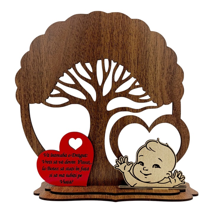 Copac cu siluete si mesaj pentru Botez/Cerere Nasi, model fin, cadou personalizat, lemn natural, 20 cm, nuc