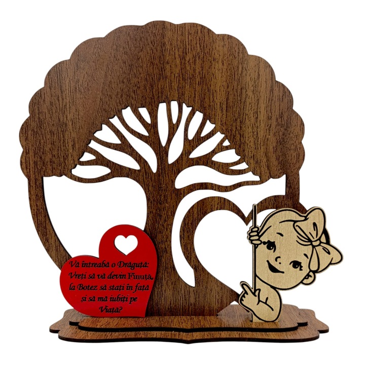Copac cu siluete si mesaj pentru Botez/Cerere Nasi, model 2 fina, cadou personalizat, lemn natural, 20 cm, nuc
