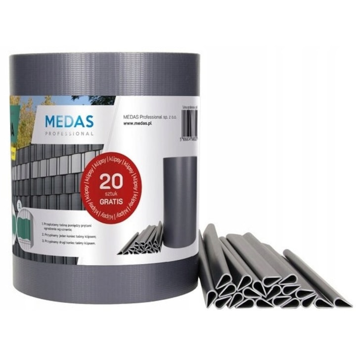 Banda De Gard Cu 20 Clipsuri De Montaj, Medas, PVC, Rezistenta UV, Protectie Si Acoperire Eleganta, 19 cm x 35 m, Antracit