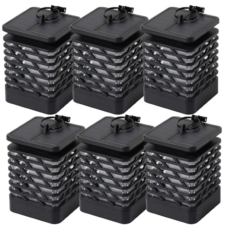 Set 6 Lampi Solare SELLING DEPOT, Tip Flacara, Design Elegant Negru, 90x90x145mm, ABS Durabil, Baterie Reincarcabila 600mAh, Efect Flacara Realist, Lumina Calda 1400K-1600K