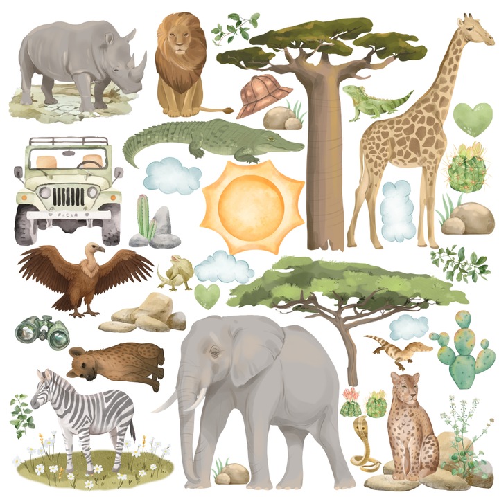 Stickere Pereti Animale Africa Safari – 37 Piese, 1 m², Autocolant Textil Premium, Repozitionabil, Eco-Friendly