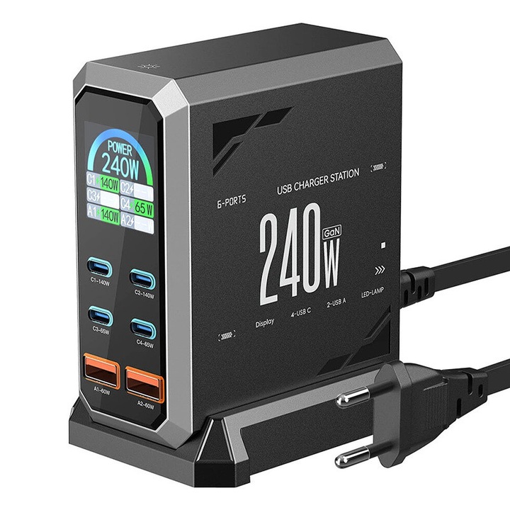 Blitzwolf BW-S31 hálózati töltő, 240W, 4xUSB-C, 2xUSB-A, fekete, 113x68x87mm