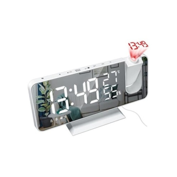 LED-es digitális dekoratív óra, 2021, fehér, projektorral, FM rádióval, szundi funkcióval