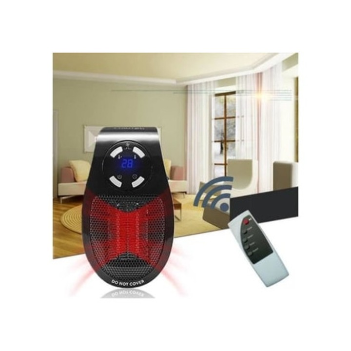 Mini hőlégfúvó ventilátorral, 500W, programozható, fekete