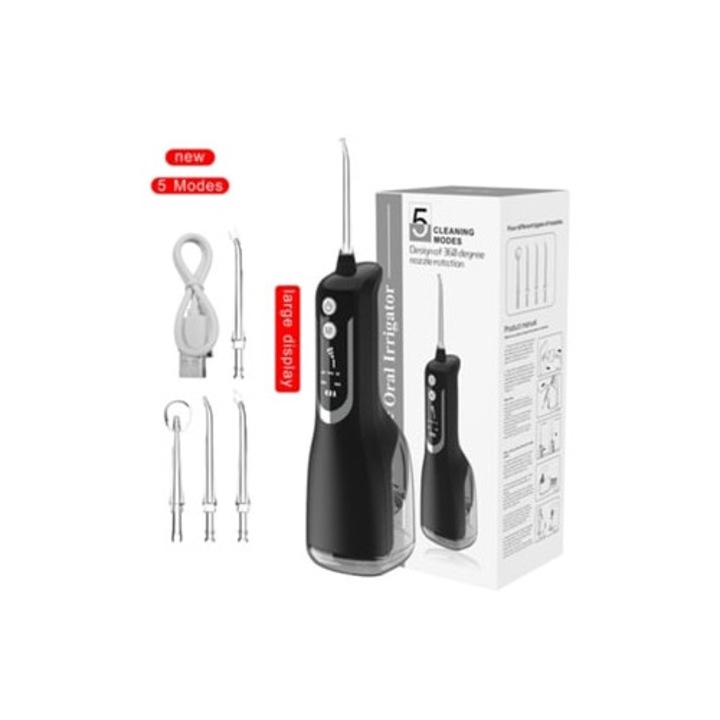 Hordozható szájzuhany 4 fúvókával, 5 üzemmóddal, elektromos, L12, fekete