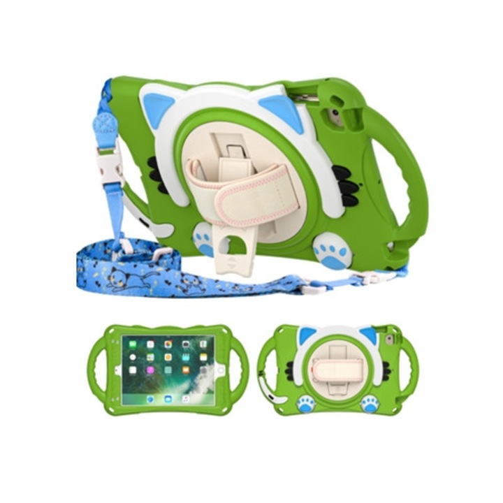 Husa tableta universala cu suport rotativ, verde, pentru iPad Mini 1/2/3/4/5, din silicon anti-soc