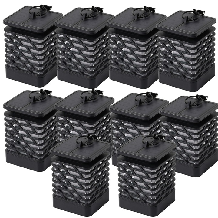 Set 10 Lampi Solare SELLING DEPOT, Tip Flacara, Design Elegant Negru, 90x90x145mm, ABS Durabil, Baterie Reincarcabila 600mAh, Efect Flacara Realist, Lumina Calda 1400K-1600K