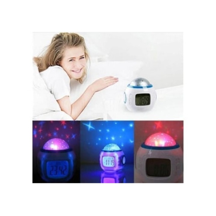 Dekoratív óra vetítéssel, zenével, naptárral, hőmérővel, LED kijelzővel, ébresztővel, szett