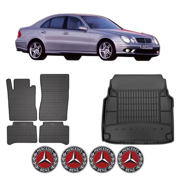 Set Covorase Auto Si Tavita Portbagaj MERCEDES-BENZ E-CLASS (W211) din 2002-2008, Cauciuc, Protectie Porbagaj, 4x Stickere auto cu MERCEDES-BENZ