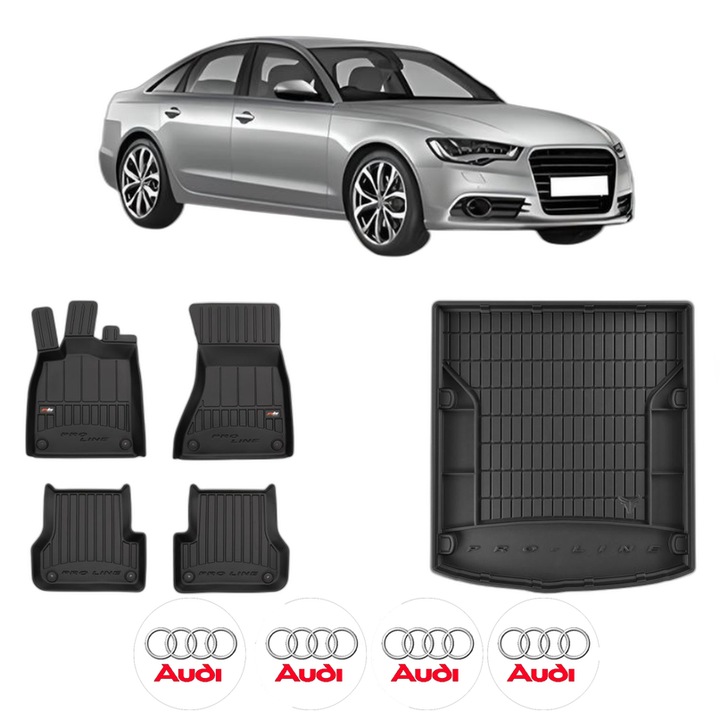 Set Covorase Auto Si Tavita Portbagaj AUDI A6 C7 (4G2, 4GC) din 2010-2018, Cauciuc, Protectie Porbagaj, 4x Stickere auto cu AUDI