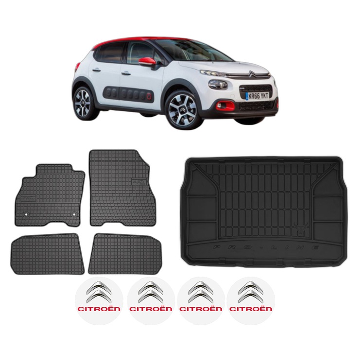 Set Covorase Auto Si Tavita Portbagaj CITROEN C3 III (SX) din 2016-2018, Cauciuc, Protectie Porbagaj, 4x Stickere auto cu CITROEN