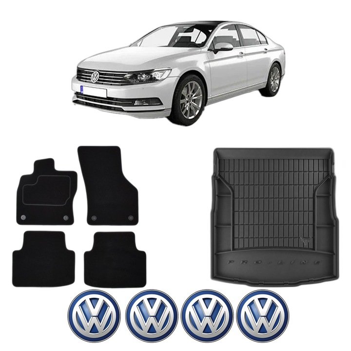 Set Covorase Auto Si Tavita Portbagaj Volkswagen PASSAT B8 (3G2, CB2) din 2014-2024, Cauciuc, Protectie Porbagaj, 4x Stickere auto cu Volkswagen