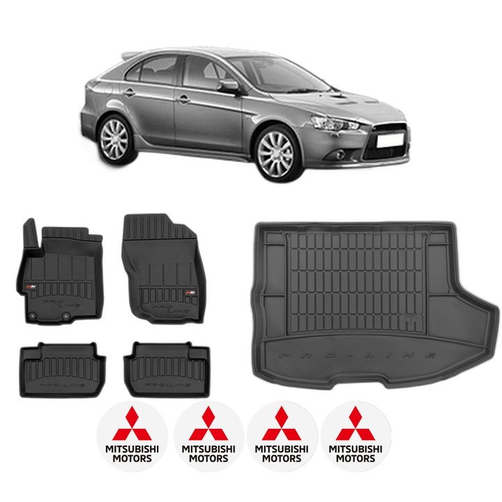 Set Covorase Auto Si Tavita Portbagaj MITSUBISHI LANCER VIII Sportback (CX_A) din 2008-2010, Cauciuc, Protectie Porbagaj, 4x Stickere auto cu MITSUBISHI