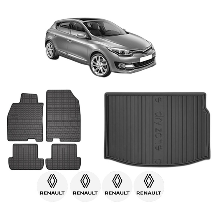 Set Covorase Auto Si Tavita Portbagaj RENAULT MEGANE III Hatchback (BZ0/1_, B3_) din 2008-2017, Cauciuc, Protectie Porbagaj, 4x Stickere auto cu RENAULT