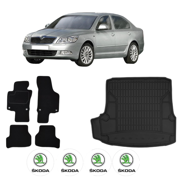 Set Covorase Auto Si Tavita Portbagaj SKODA OCTAVIA II (1Z3) din 2004-2013, Cauciuc, Protectie Porbagaj, 4x Stickere auto cu SKODA