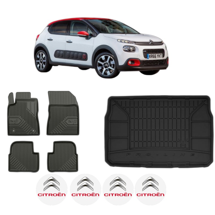 Set Covorase Auto Si Tavita Portbagaj CITROEN C3 III (SX) din 2016-2018, Cauciuc, Protectie Porbagaj, 4x Stickere auto cu CITROEN