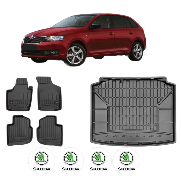 Set Covorase Auto Si Tavita Portbagaj SKODA RAPID Spaceback (NH1) din 2012-2019, Cauciuc, Protectie Porbagaj, 4x Stickere auto cu SKODA
