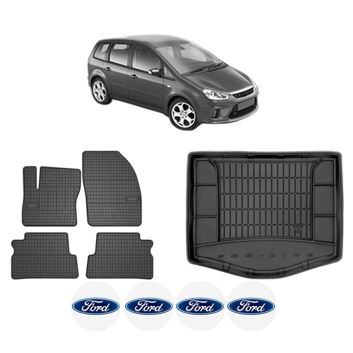 Set Covorase Auto si Tavita Portbagaj CRI-FLO, compatibile cu FORD C-MAX (DM2) 2007-2010, Cauciuc, Negru, 5 piese