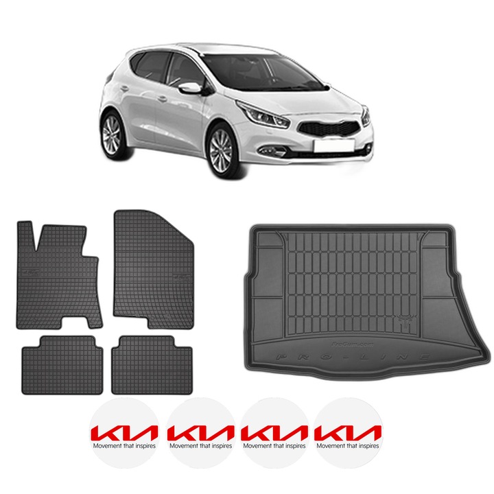 Set Covorase Auto Si Tavita Portbagaj KIA CEE'D (JD) din 2012-2018, Cauciuc, Protectie Porbagaj, 4x Stickere auto cu KIA