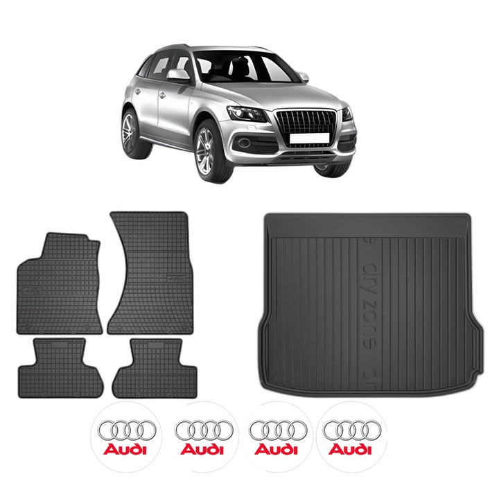 Set Covorase Auto Si Tavita Portbagaj AUDI Q5 (8RB) din 2008-2017, Cauciuc, Protectie Porbagaj, 4x Stickere auto cu AUDI