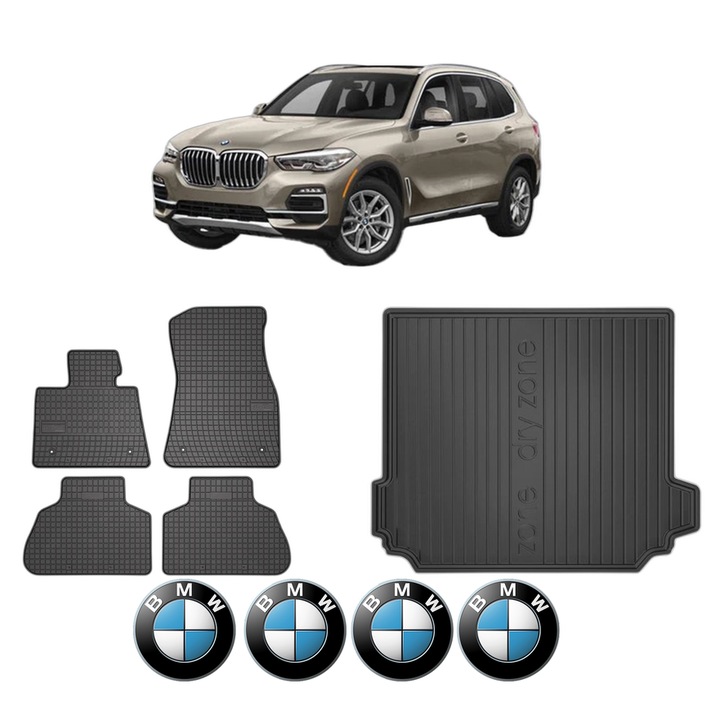 Set Covorase Auto Si Tavita Portbagaj BMW Seria X5 Van (G05) din 2019-2023, Cauciuc, Protectie Porbagaj, 4x Stickere auto cu BMW