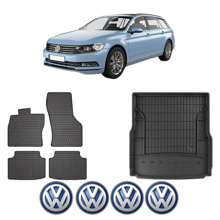 Set Covorase Auto Si Tavita Portbagaj Volkswagen PASSAT B8 Variant (3G5, CB5) din 2014-2024, Cauciuc, Protectie Porbagaj, 4x Stickere auto cu Volkswagen