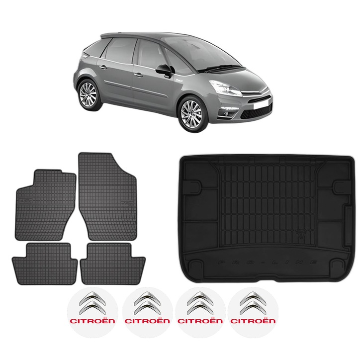 Set Covorase Auto Si Tavita Portbagaj CITROEN C4 PICASSO I MPV (UD_) din 2006-2013, Cauciuc, Protectie Porbagaj, 4x Stickere auto cu CITROEN
