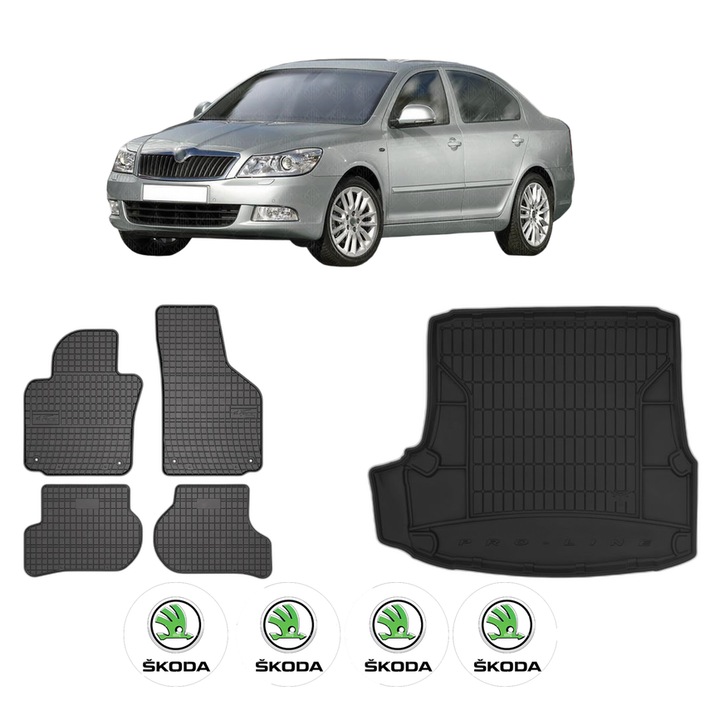 Set Covorase Auto Si Tavita Portbagaj SKODA OCTAVIA II (1Z3) din 2004-2013, Cauciuc, Protectie Porbagaj, 4x Stickere auto cu SKODA