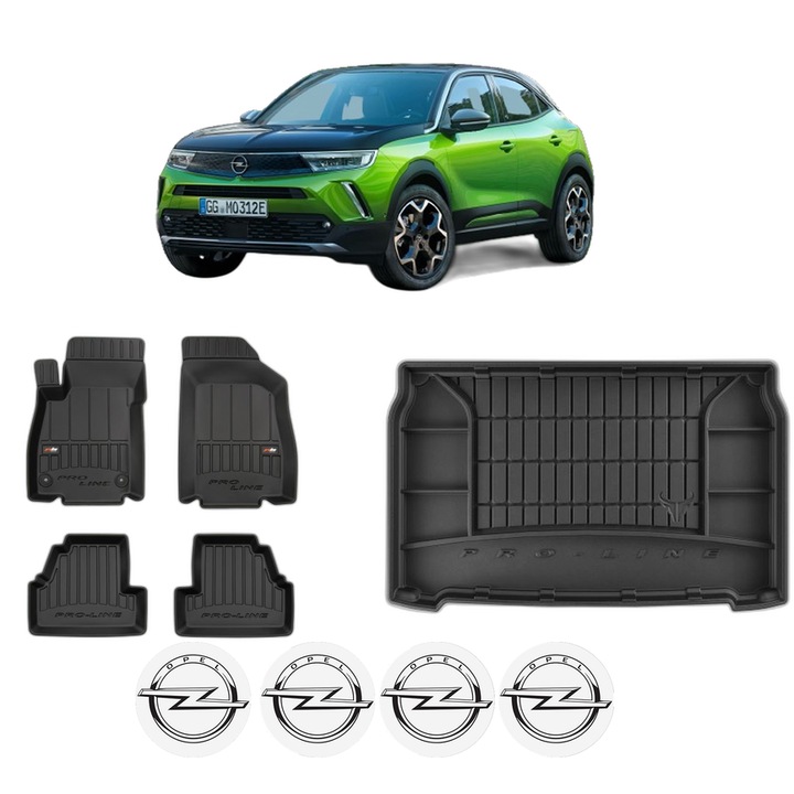 Set Covorase Auto Si Tavita Portbagaj OPEL MOKKA din 2012-2024, Cauciuc, Protectie Porbagaj, 4x Stickere auto cu OPEL