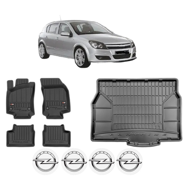 Set Covorase Auto Si Tavita Portbagaj OPEL ASTRA H (A04) din 2004-2014, Cauciuc, Protectie Porbagaj, 4x Stickere auto cu OPEL