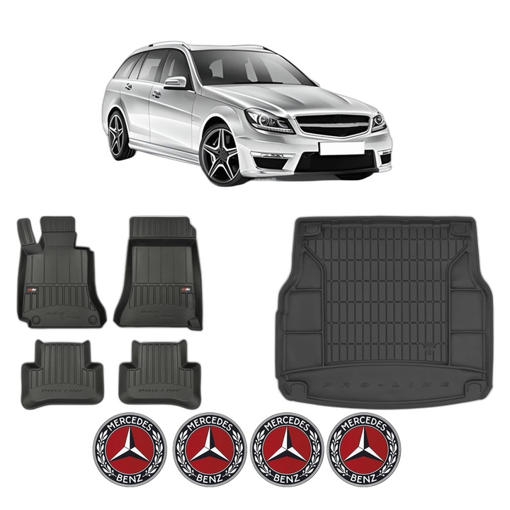 Set Covorase Auto Si Tavita Portbagaj MERCEDES-BENZ C-CLASS T-Model (S204) din 2007-2014, Cauciuc, Protectie Porbagaj, 4x Stickere auto cu MERCEDES-BENZ