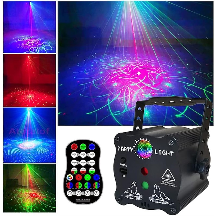 Лазерно парти DJ, RGB LED диско проектор, стробоскопна светлина със звукова активация и дистанционно управление, за коледна украса, Хелоуин, караоке, танци, сватба, парти или сценично шоу